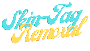 Titular script style text in turquoise and yellow that says Skin-tag removal